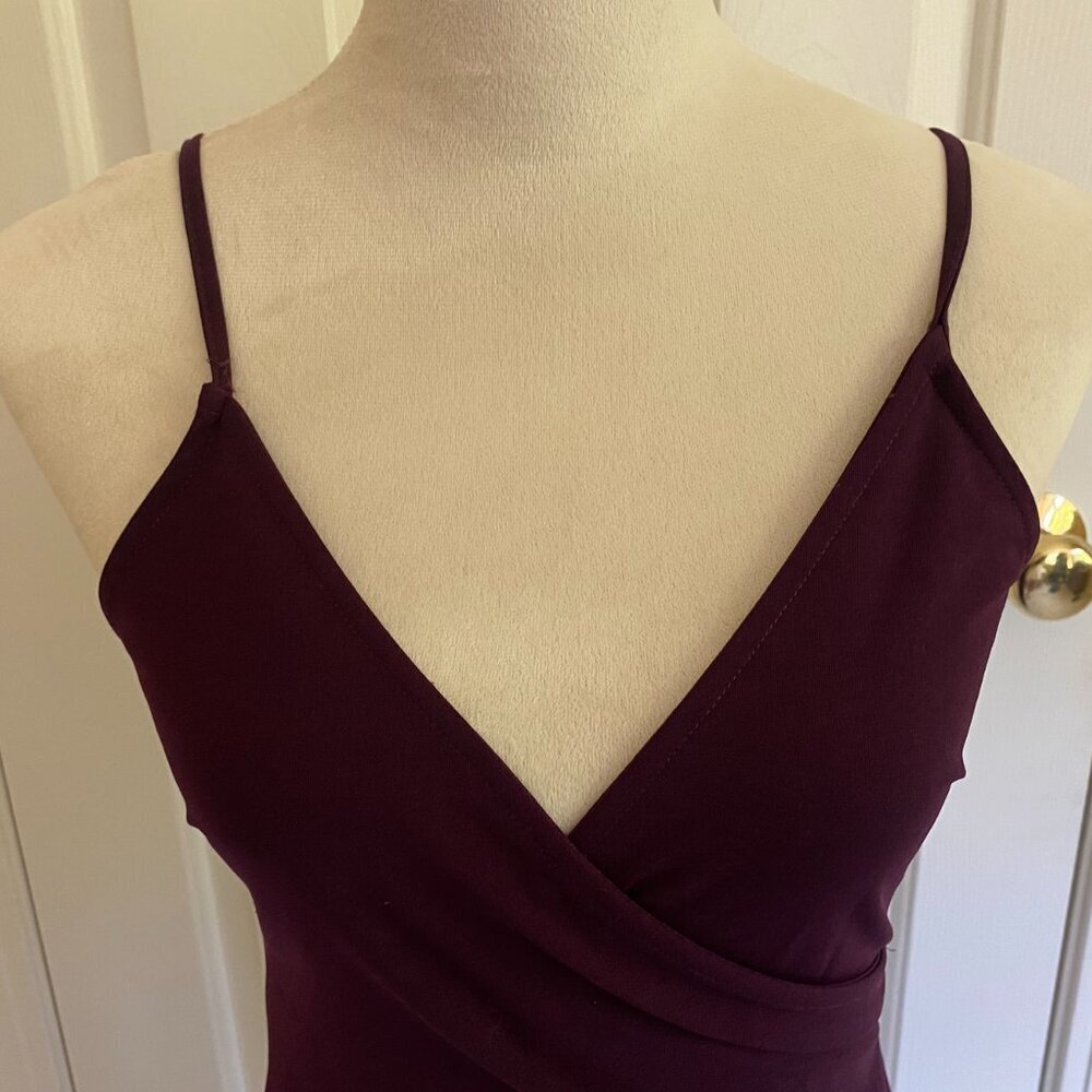 Dark purple, shirred, v-neck, lined, spandex dress, sz S, adjustable straps.